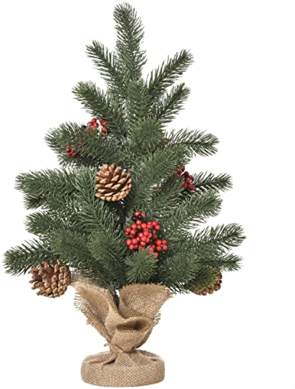HOMCOM Weihnachtsbaum 50 cm Christbaum mit 4 roten Beeren und 4 Tannenzapfen Kunsttanne 55 Zweige Stabiler und haltbarer Sockel für Tisch und…
