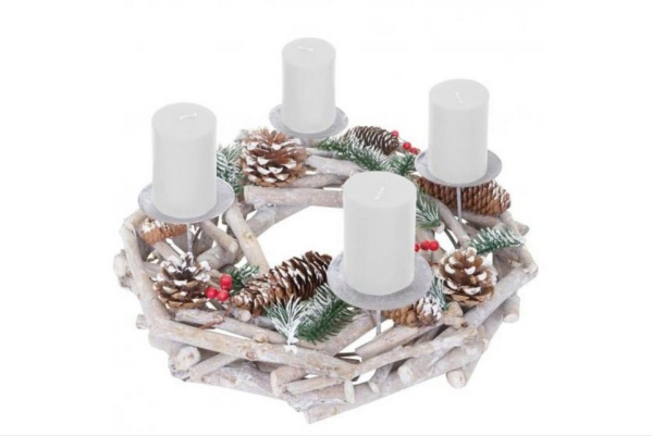 homegoodsdeluxe Adventskranz »Adventskranz rund, Weihnachtsdeko Tischkranz, Holz Ø 35cm weiß-grau ~ mit Kerzen, weiß«