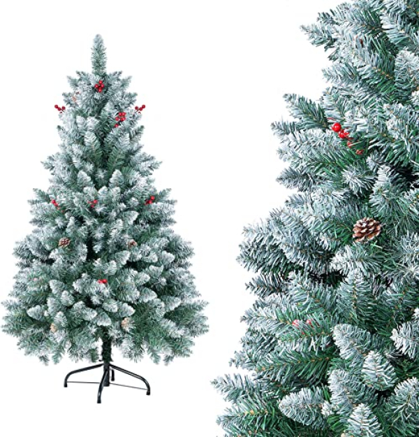 Homewit künstliche Weihnachtsbaum 140 cm(Ø ca. 85 cm) 1,4 m künstliche grüne Tannenbaum mit 500 Zweige Christbaum mit Schnee und Zapfen, abziehbar…