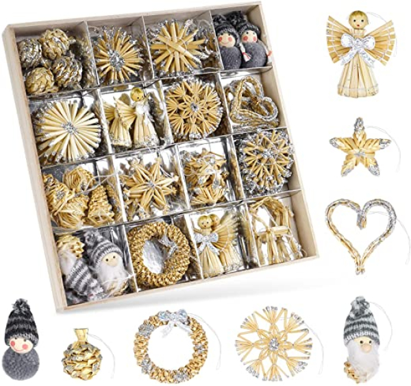 Homewit Strohsterne Schneeflocke Set, 56 Teiliges Christbaum-Schmuck aus Stroh mit Silber Glitzer, Stroh-Anhänger in Holzkiste für den…