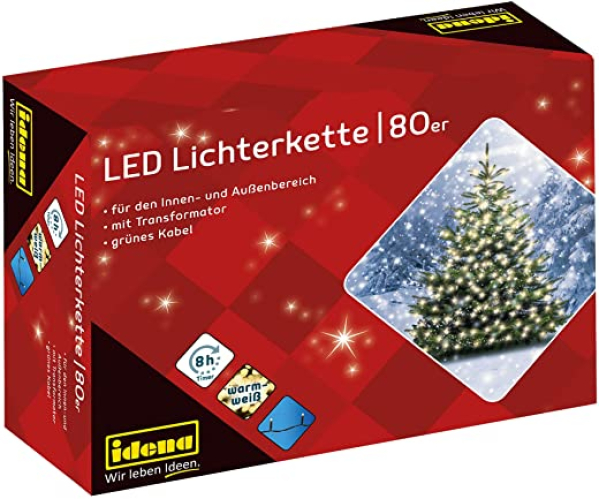 Idena 8325058 – LED Lichterkette mit 80 LED in warmweiß, mit 8 Stunden Timer Funktion und Transformator, ca. 15,9 m lang, Innen- und Außenbereich,…