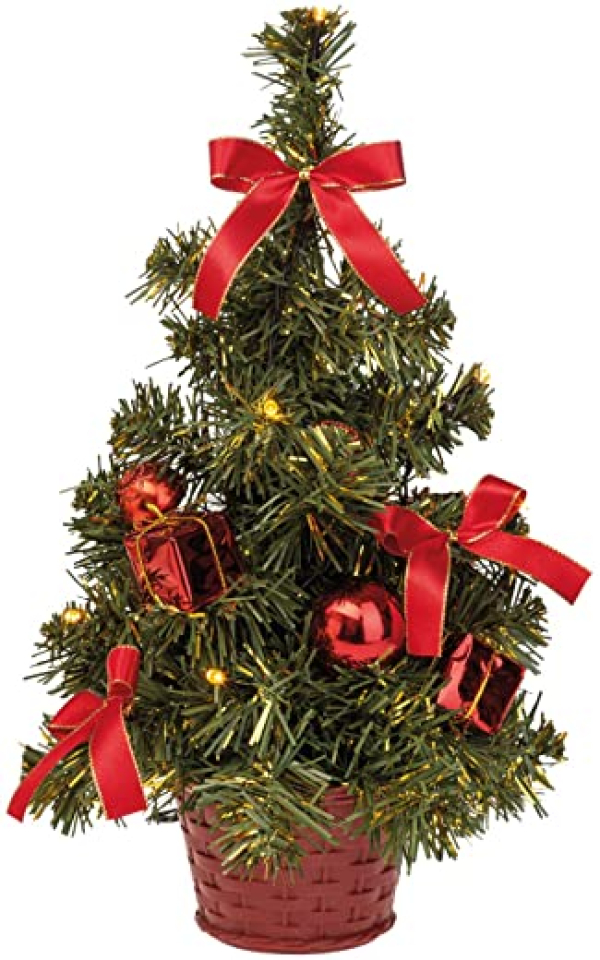Idena 8582154 – Deko-Weihnachtsbaum mit 20 LED in Warmweiß, ca. 35 cm hoch, inkl. rotem Baum-Schmuck, 6 Stunden Timer Funktion, batteriebetrieben,…