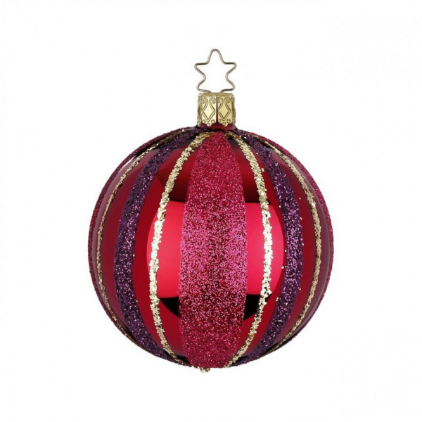 INGE-GLAS® Christbaumschmuck »Inge-Glas Christbaumanhänger Kugel „Funkelnde Streifen“ ochsenblut glanz 8cm«, mundgeblasen