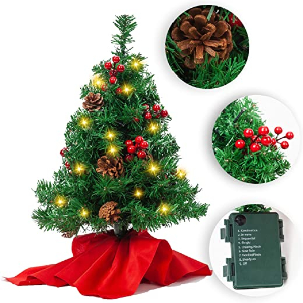 JOYIN 50.8cm Mini Künstlicher Weihnachtsbaum, LED Beleuchtung Christbaum mit Tannenzapfen und rote Beere für Weihnachtsdekoration Zuhause und im Büro