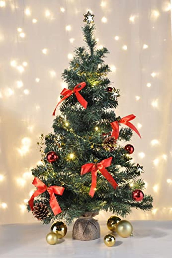 KAMACA XL LED Weihnachtsbaum Tannenbaum im Beutel mit 20 warmen LED Höhe 75 cm komplett geschmückt dekoriert mit ROT / GOLDENE Dekoration…