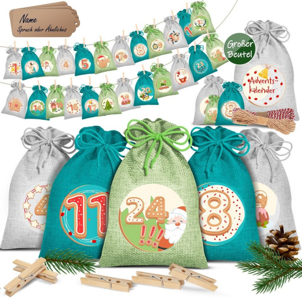 KESSER Adventskalender, Adventskalender zum Befüllen 24 Jutebeutel Stoffbezug gedruckt