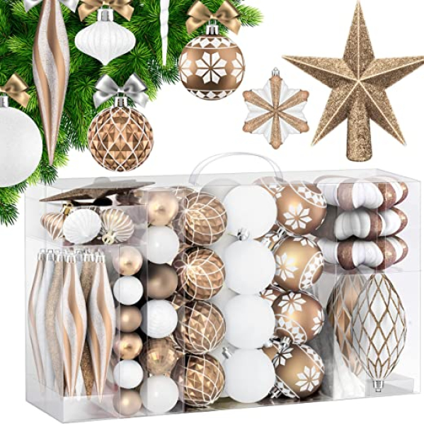 KESSER® Weihnachtskugeln 105-teiliges Set Champagne/Weiß, mit Baumspitze Christbaumkugeln Kunststoff Bruchsicher mit Plastik Weihnachtsbaumkugeln…