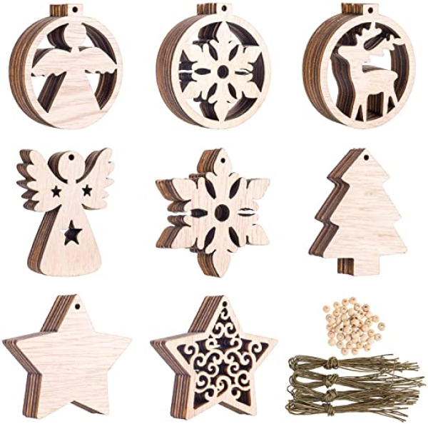 Kiiwah 48 Stück Christbaumschmuck Holz, Weihnachten Holzanhänger Weihnachtsanhänger mit Saiten und Perlen für Weihnachtsbaumschmuck