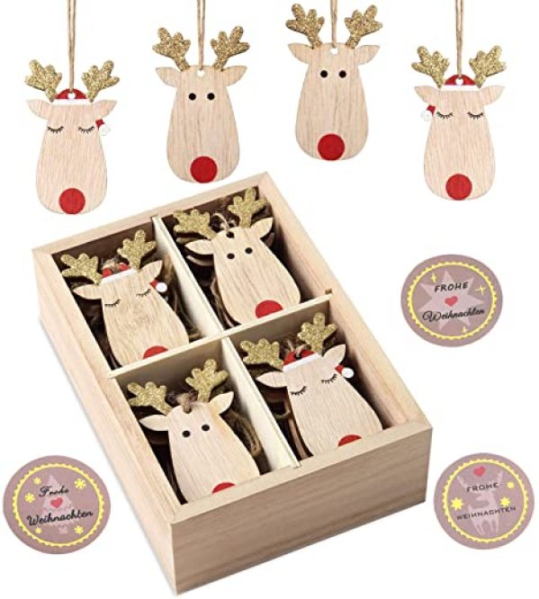 KOHMUI Holz Weihnachtsdeko Anhänger Set, Christbaumschmuck Weihnachtsbaumschmuck, Baumschmuck zum Hängen, 24 Christbaum Hirschkopf Rentier…