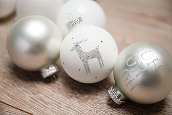 KREBS & SOHN 12er Set Glaskugeln – Weihnachtsbaumschmuck zum Aufhängen – Christbaumkugeln – Weiß, Silber und Glitzer