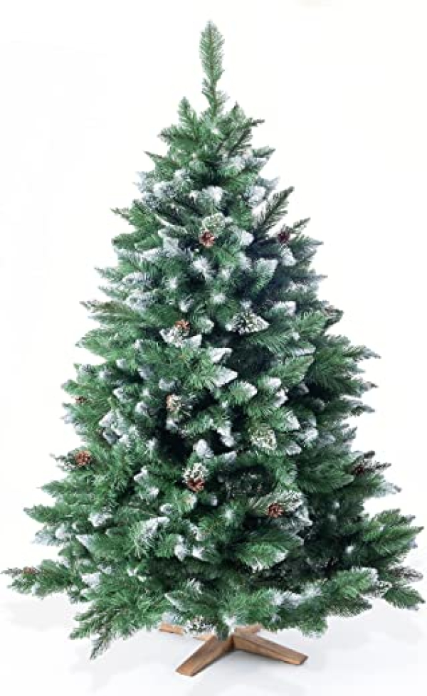 Künstlicher Weihnachtsbaum (Brandneu) – FSC-zertifizierter Holzständer – naturgetreue Zweige, Nadeln mit Deko Schnee & echten Tannen Zapfen –…