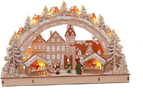 LED Holz Schwibbogen 45×28 cm – Motiv Weihnachtsmarkt – Lichterbogen Fensterdeko beleuchtet
