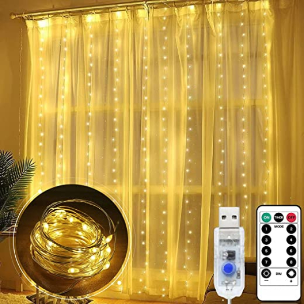 LED Lichterketten 300 LEDs, Bigzom LED Lichterketten Lichtervorhang 3m x 3m, USB Vorhanglichter Innenbeleuchtung mit 8 Modi, Warmweiß Lichterketten…