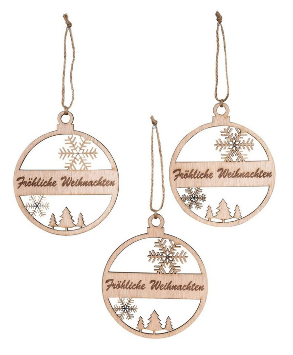 Levandeo® Christbaumschmuck, 3er Set Deko-Anhänger Fröhliche Weihnachten Holz Birkenholz Baumschmuck Kugel