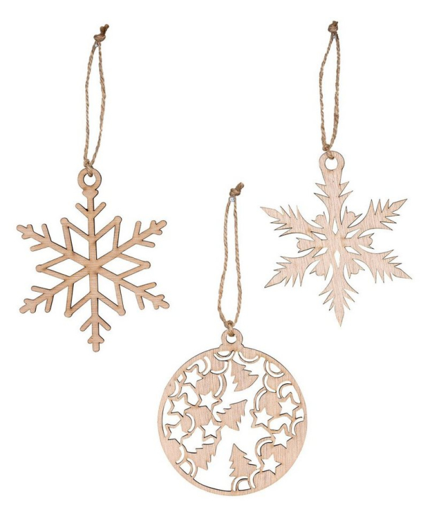 Levandeo® Christbaumschmuck, 3er Set Deko-Anhänger Weihnachten Holz Birkenholz Eiskristall Kugel Baumschmuck