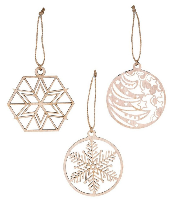Levandeo® Christbaumschmuck, 3er Set Deko-Anhänger Weihnachten Holz Birkenholz Schneeflocke Kugel Baumschmuck