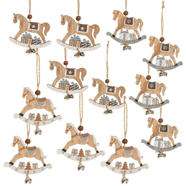 Logbuch-Verlag Christbaumschmuck »Schaukelpferd Weihnachtsanhänger aus Holz 8 cm mit Glöckchen« (12-tlg)