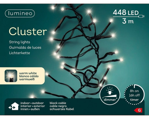 Lumineo LED-Lichterkette »Lumineo Lichterkette Cluster 448 LED’s 3 m warm weiß, schwarzes Kabel«, Indoor & Outdoor, dimmbar, 8h-Timer, Weihnachten,…