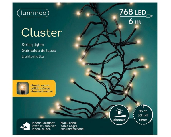 Lumineo LED-Lichterkette »Lumineo Lichterkette Cluster 768 LED’s 6 m klassisch warm, schwarzes Kabel«, Indoor & Outdoor, dimmbar, 8h-Timer,…