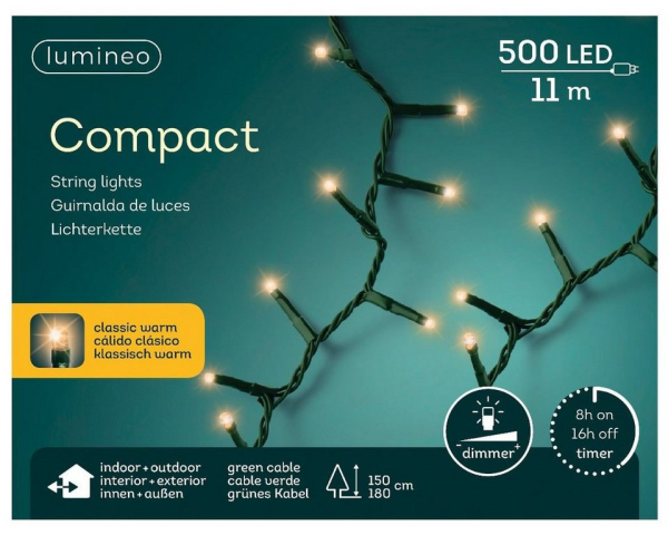 Lumineo LED-Lichterkette »Lumineo Lichterkette Compact 500 LED’s 11 m klassisch warm, grünes Kabel«, Indoor & Outdoor, dimmbar, 8h-Timer,…