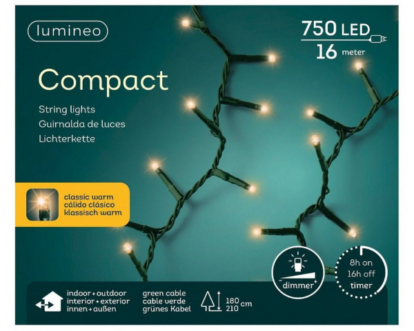 Lumineo LED-Lichterkette »Lumineo Lichterkette Compact 750 LED’s 16 m klassisch warm, grünes Kabel«, Indoor & Outdoor, dimmbar, 8h-Timer,…