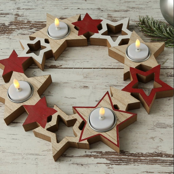 MARELIDA Teelichthalter »Teelichthalter Adventskranz STERN Holz für 4 Teelichter D: 32cm natur rot weiß« (1 St)