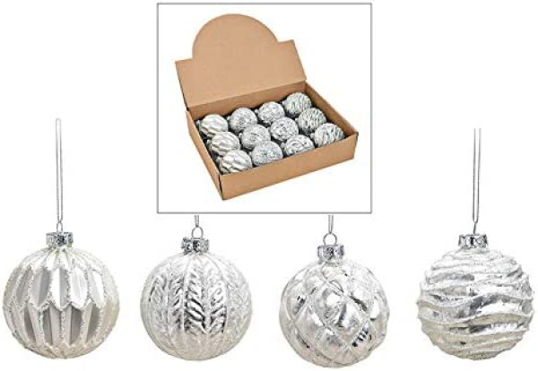 MC-Trend 12er Set edle Luxus Glas Weihnachtskugeln Ø 8cm Weihnachtsbaum Kugeln Christbaumkugeln Weihnachts Deko (Weiss Silber)
