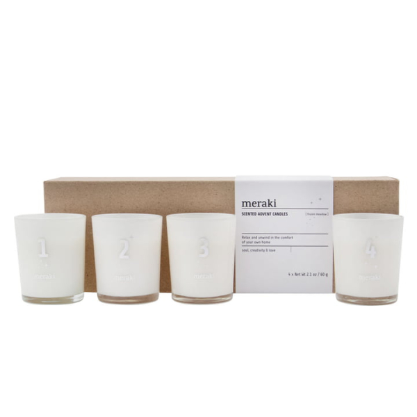 Meraki – Duftkerze Scented Adventskerzen, Frozen Meadow, weiß (4er-Set)