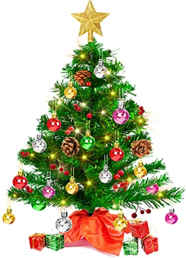 Mini Weihnachtsbaum 50cm, Christbaum künstlich mit batteriebetriebenen gelben LED Lichterketten & andere Baumdeko, einfache Montage, Kleiner…