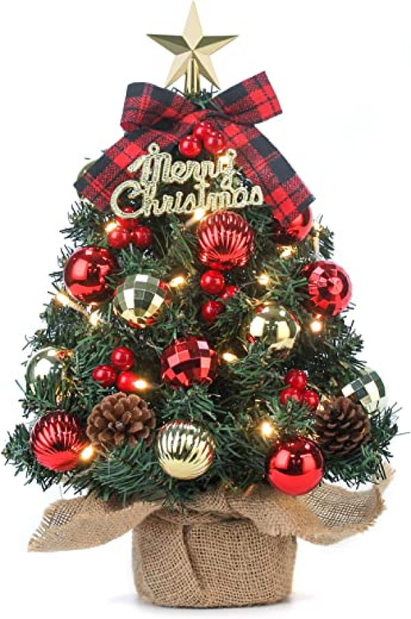 Mini Weihnachtsbaum Kleiner Weihnachtsbaum mit Beleuchtung LED Tisch Weihnachtsbaum klein künstlich geschmückt für Weihnachten Deko 40cm (Rot mit…