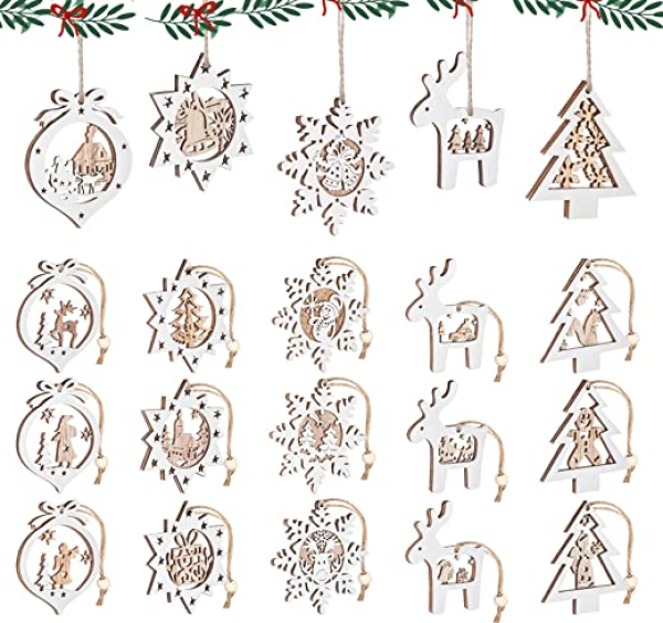 Mocraft 20 Stücke Weihnachtsbaumschmuck aus Holz,Christbaumschmuck Hängen mit Schnur für Weihnachtsdekoration Handwerk,Weihnachten Verzierung