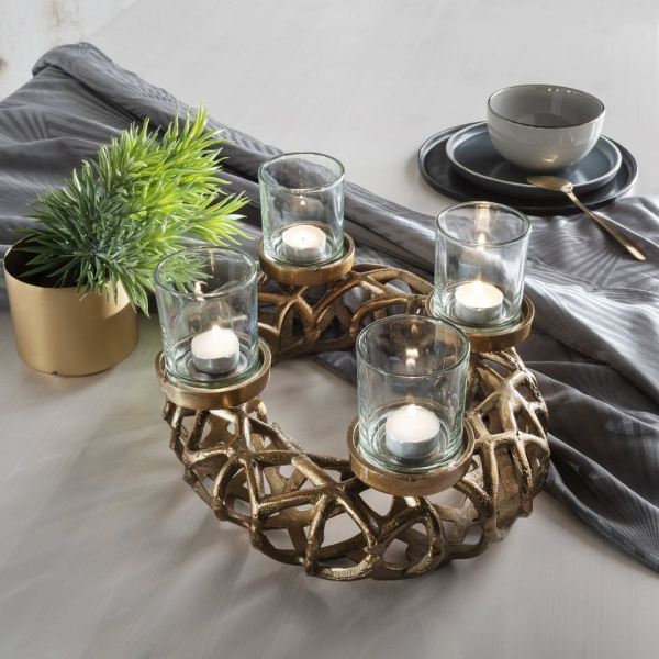 More2Home Adventskranz »ADVENT mit 4 Gläsern, L =oval 37 cm, Metall antik-gold«