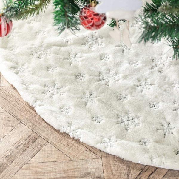 N /A Henrey Tech Weihnachtsbaumdecke Christbaumdecke Weißes Kunstfell Silber Glitter Schneeflocke 90 cm für Weihnachtsbaumdekoration