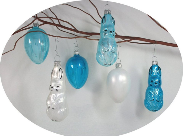 Nostalgie Christbaumschmuck Thüringen Osterfigur »Osterhasen und Ostereier türkis Mix 7-9cm, MADE IN GERMANY« (6 St), mundgeblasen, handbemalt