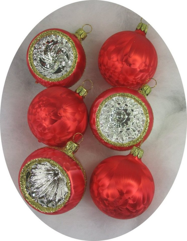 Nostalgie Christbaumschmuck UG Christbaumschmuck (6-tlg), „Kugeln + Reflexe 6cm, Eislack rot“