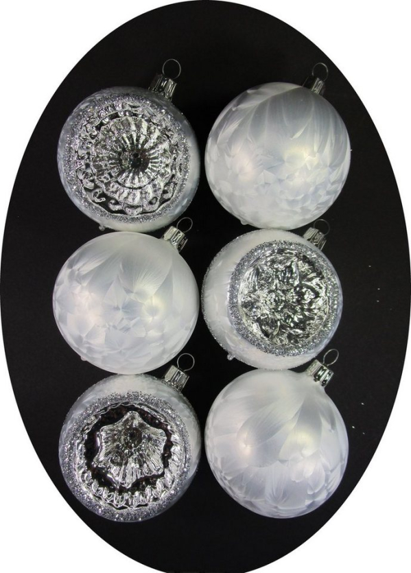 Nostalgie Christbaumschmuck UG Christbaumschmuck »SORTIMENT« (6-tlg), „Kugeln + Reflexe 8cm, Eislack weiß“