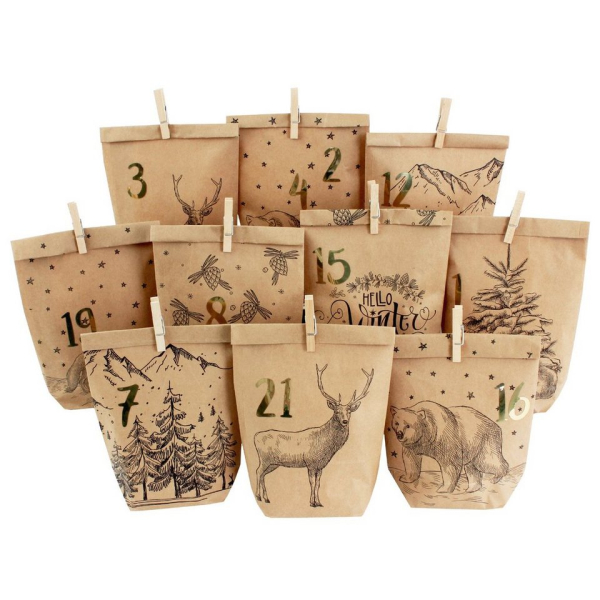 PAPIERDRACHEN befüllbarer Adventskalender DIY Adventskalender – 24 Geschenktüten, 24 Zahlenaufkleber & Klammern