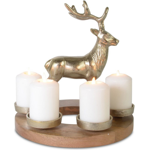 RIFFELMACHER & WEINBERGER Adventskranz »Weihnachtsdekoration mit großem Hirsch Ø 26 cm 24205, Gold – Holz Metall Kerzenhalter«
