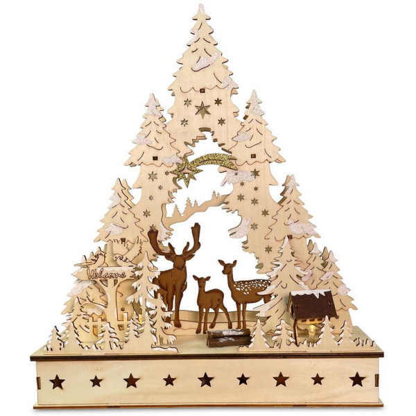 RIFFELMACHER & WEINBERGER LED Schwibbogen »Baumleuchter Hirsche und Tannen mit LED Beleuchtung 29 x 39 cm – 76145, Natur – Weihnachtsdekoration«