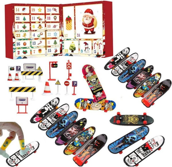 SCOBLA Adventskalender Spielzeug-Adventskalender 2023, Mini-Skateboards für Kinderfinger (24-tlg), 24 Tage Weihnachts-Adventskalender mit buntem Mini-Fingerboard