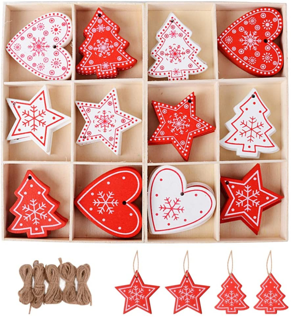 SERWOO 48 Stück Weihnachten Anhänger Holzanhänger Weihnachtsanhänger Dekohänger mit 2Pcs 6 Fächer Aufbewahrungs-Setzbord Weihnachtsbaum…