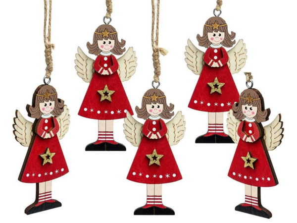 SIKORA Christbaumschmuck »BS698 Engel Holz Figur Weihnachtsbaum Anhänger 5er Set H:10cm«