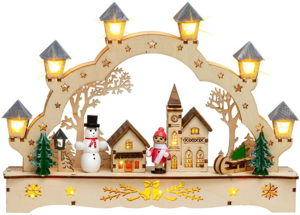SIKORA Schwibbogen »LB62s kleiner LED Holz Schwibbogen Dorfkirche mit Laternen L: 27 cm«