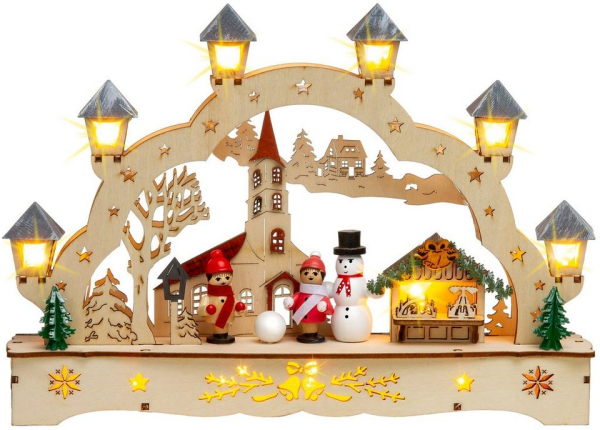 SIKORA Schwibbogen »LB70s kleiner LED Holz Schwibbogen Dorfkirche mit Laternen L: 27 cm«