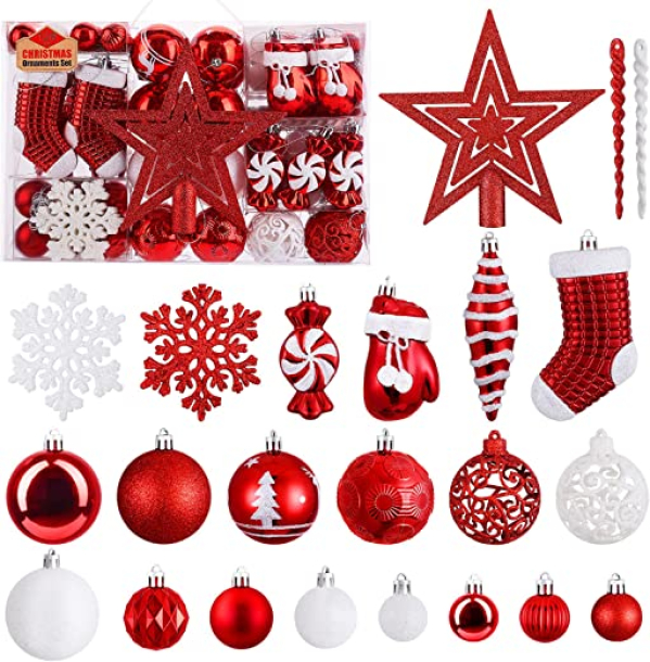 SOLEDI® 128er Set Premium Weihnachtskugeln Kunststoff Rot Weiß mit Baumspitze Stern – Robuste und Sichere Christbaumschmuck Set mit Haken -…