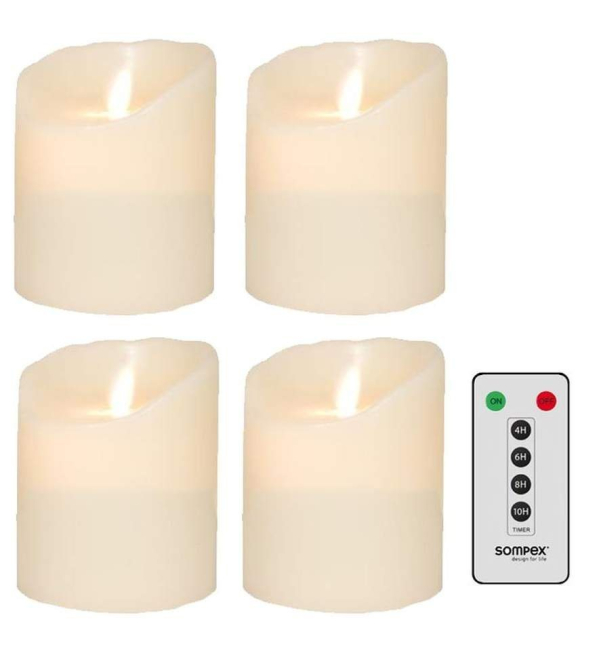 SOMPEX LED-Kerze »4er Set Flame LED Kerzen elfenbein 10cm« (Set, 5-tlg., 4 Kerzen, Höhe 10cm, Durchmesser 8cm, 1 Fernbedienung), fernbedienbar,…