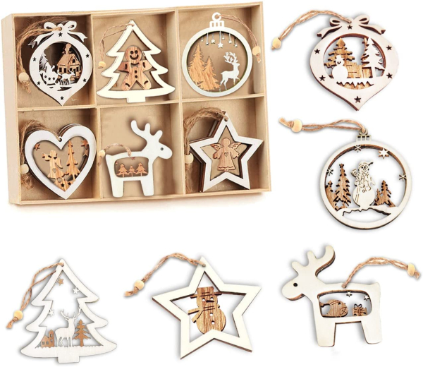 Sranin 18 Stück Baumschmuck Weihnachten Holz, Weihnachtsanhänger Weihnachtsbaumschmuck Holz, Tannenbaumschmuck Christbaumschmuck Holz 18…