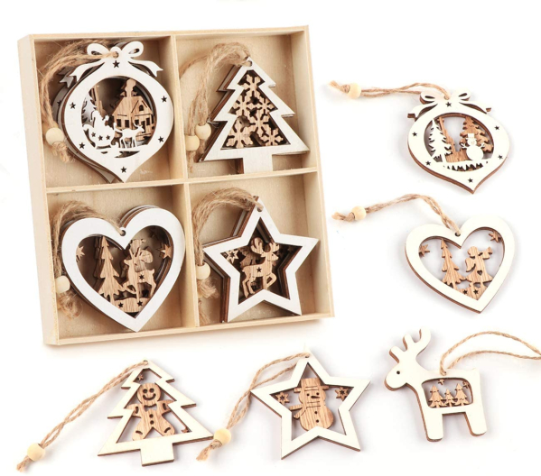 Sweelov 15 Stück Holz-Anhänger Schneeflocken baumschmuck weiße Holz Weihnachts-Anhänger Hängeornamente Weihnachtsanhänger Vintage Verzierung Deko