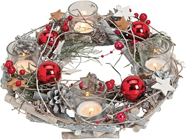 Teelichthalter Adventskranz aus Holz/Kunststoff Kugeln aus Glas, B8 x T29 cm