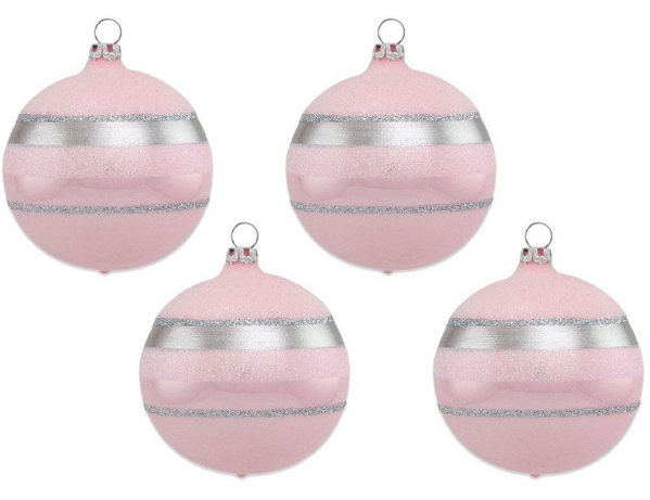 Thüringer Glasdesign Weihnachtsbaumkugel »Ø 6 cm – Glitterstreifen Rosa Opal« (4 St), Mundgeblasen